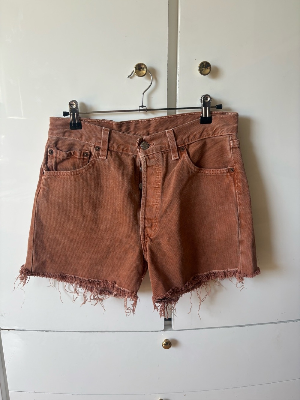 Levi's High-Waist Frayed Denim Shorts - Rust Orange